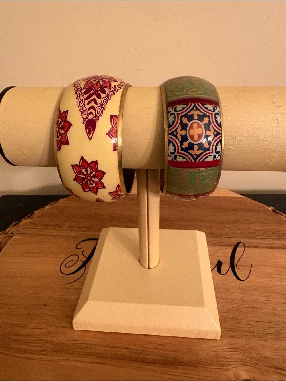 Floral Pattern Wide Bangle Bracelets - Red & Green Enameled